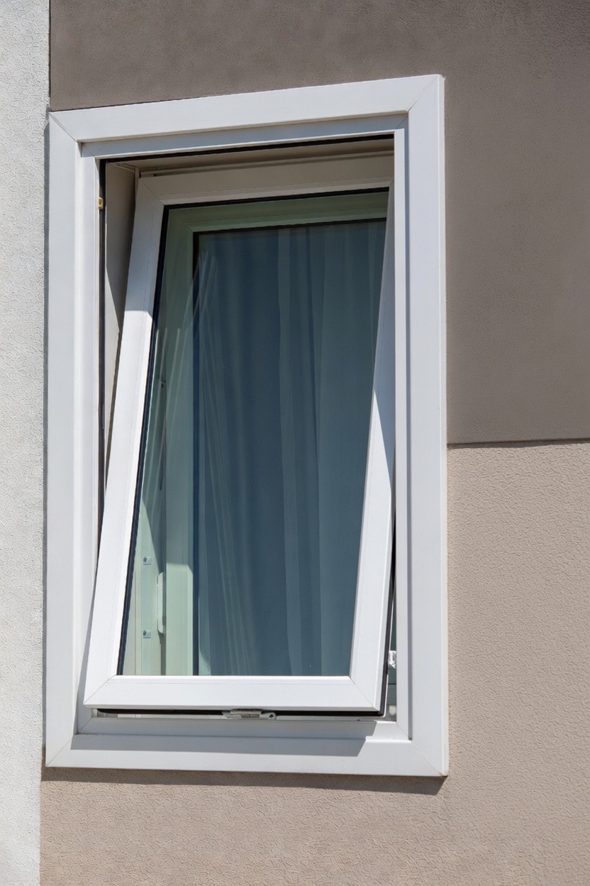 Awning window hinged at the top, cranked open outward