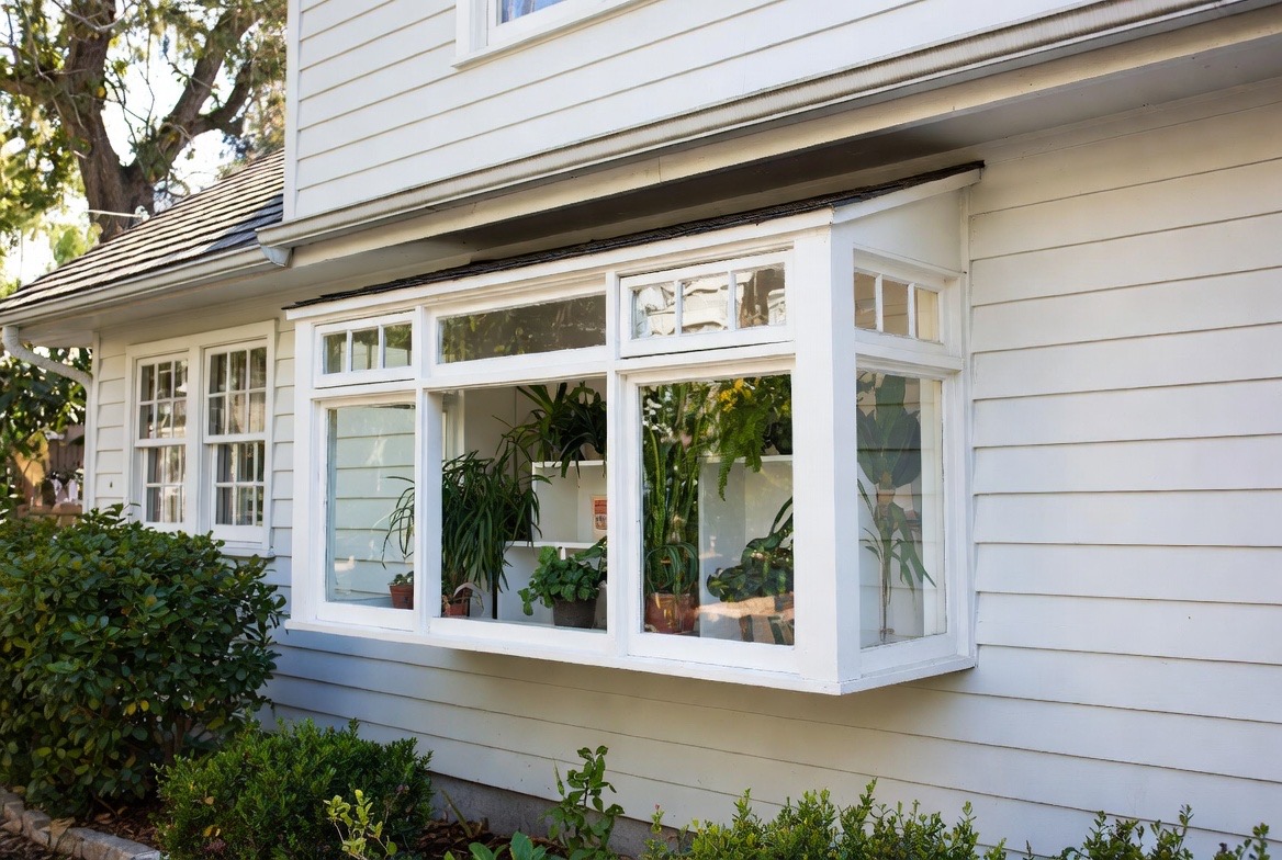 Garden window box projecting from a home exterior, with an interior plant shelf